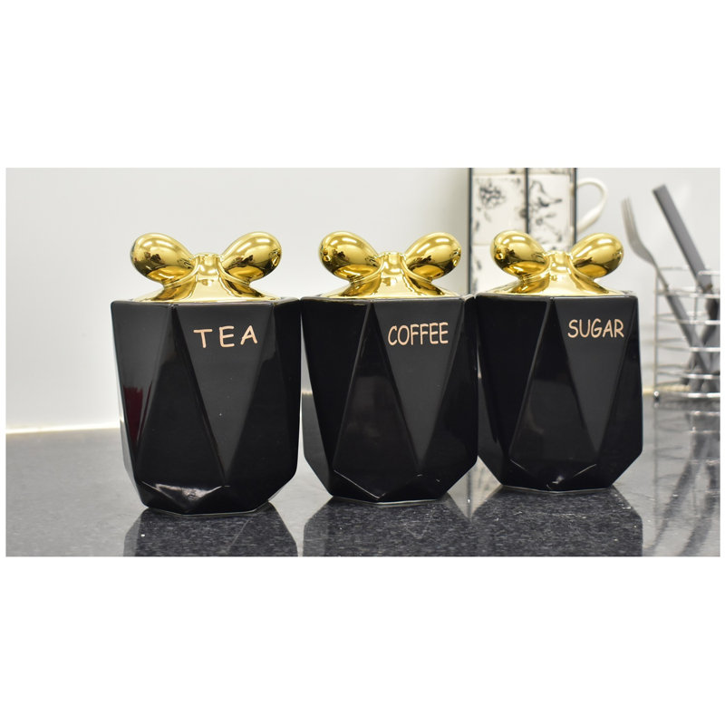 Ceramic / Porcelain Jar - Set of 3, Black/Gold