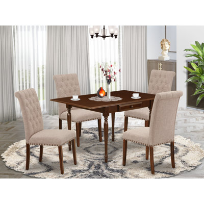 5 Piece Dining Set Contains a Rectangle Dining Table with Dropleaf and 4 Light Fawn Upholstered Chairs, Table Color: Mahogany