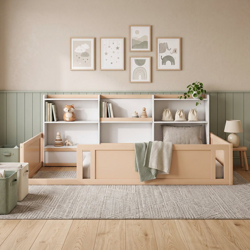 Lit plateforme en bois avec barrière de sécurité et tablettes de rangement latérales, Twin, Blanc nu