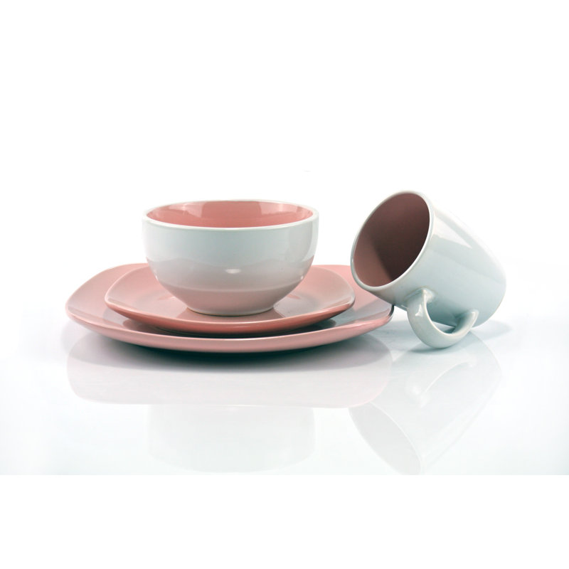 Nova 16 Piece Ceramic Dinnerware Set - Service for 4, Pink/White
