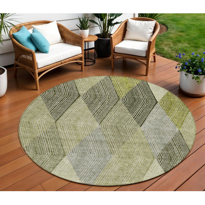 Tapis rond lavable pour l'extérieur à motif losanges gris olive et ivoire 8 pi Arpin