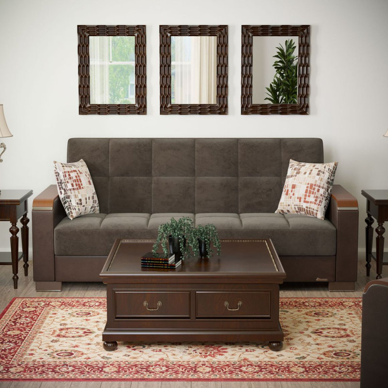 Canapé-lit rembourré recouvert de bois convertible avec rangement, Brown Microfiber/Microsuede