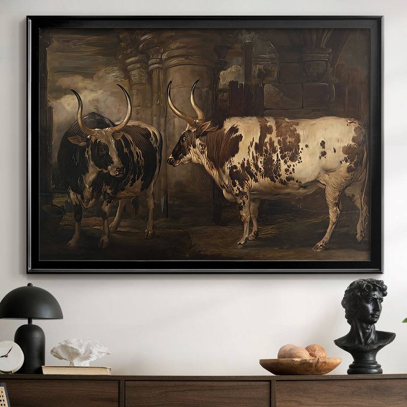 Deux bovins dans une étable-James, toile tendue avec châssis-c. début du 19e siècle, 30 x 5 x 42,5, Toile avec cadre, Noir