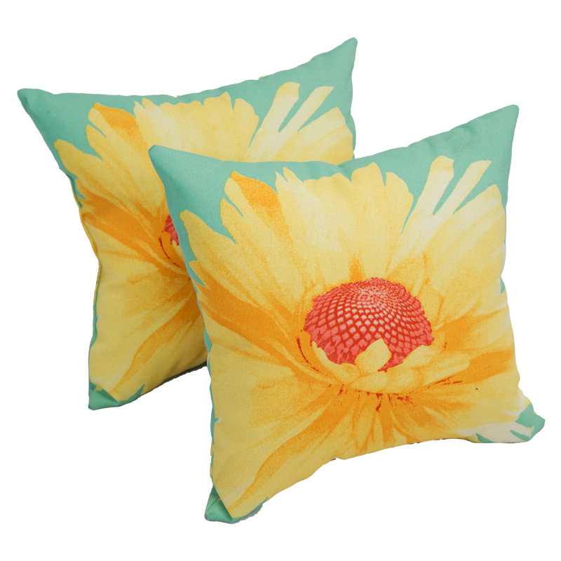 Daisy Teal Polyester Outdoor Throw Pillow Set, 17-inch