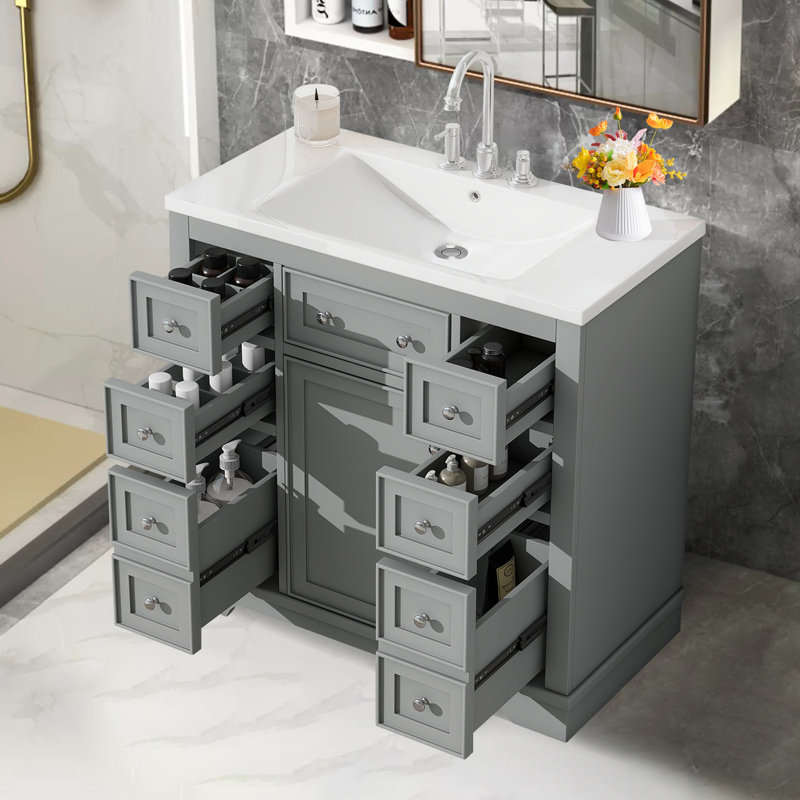 Ensemble de meuble-lavabo avec lavabo en céramique, une armoire et six tiroirs, Gris
