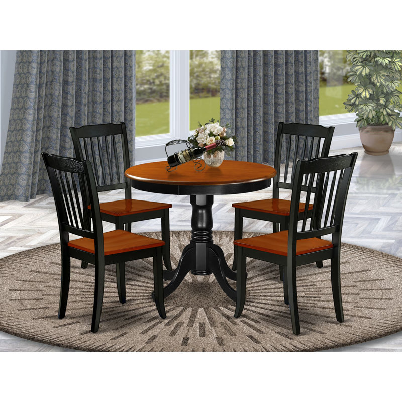 5 Piece Kitchen Table & Chairs Set Includes a Round Dining Room Table with Pedestal and 4 Dining Chairs, Black & Cherry