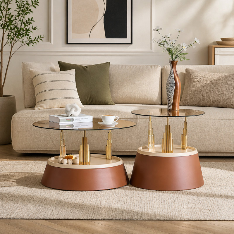 Ensemble de tables basses gigognes brunes et dorées avec verre trempé teinté au thé, ensemble de deux