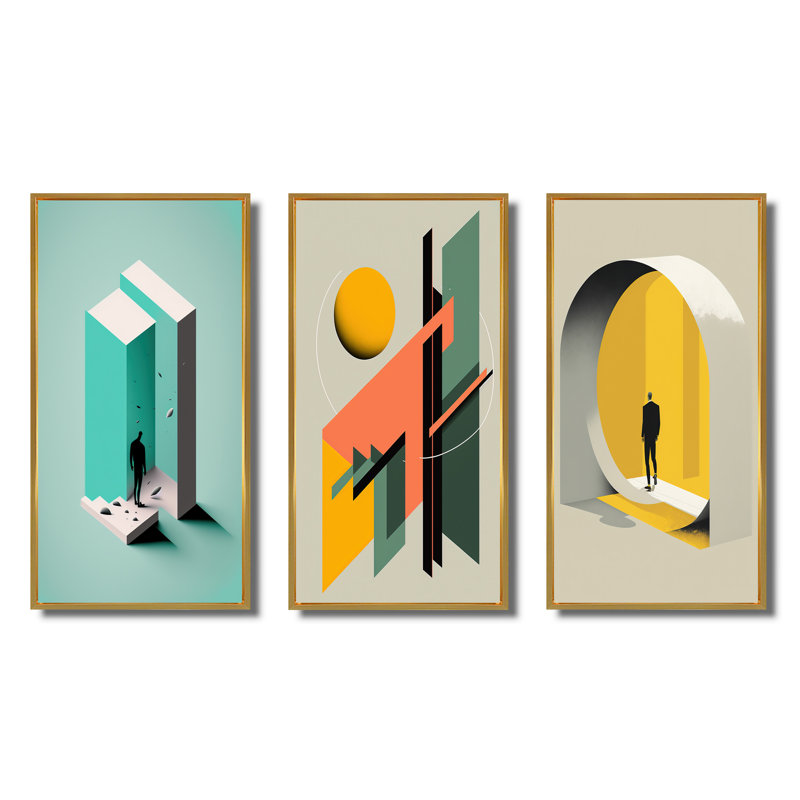 «Reality Of Essential Shapes», 3 pièces sur toile, Cadre flottant doré, H 28 po x l 36 po