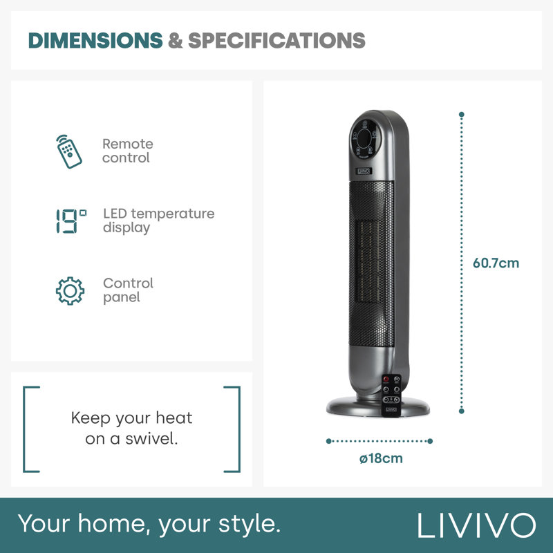 LIVIVO 60Cm Oscillating Tower Fan Heater