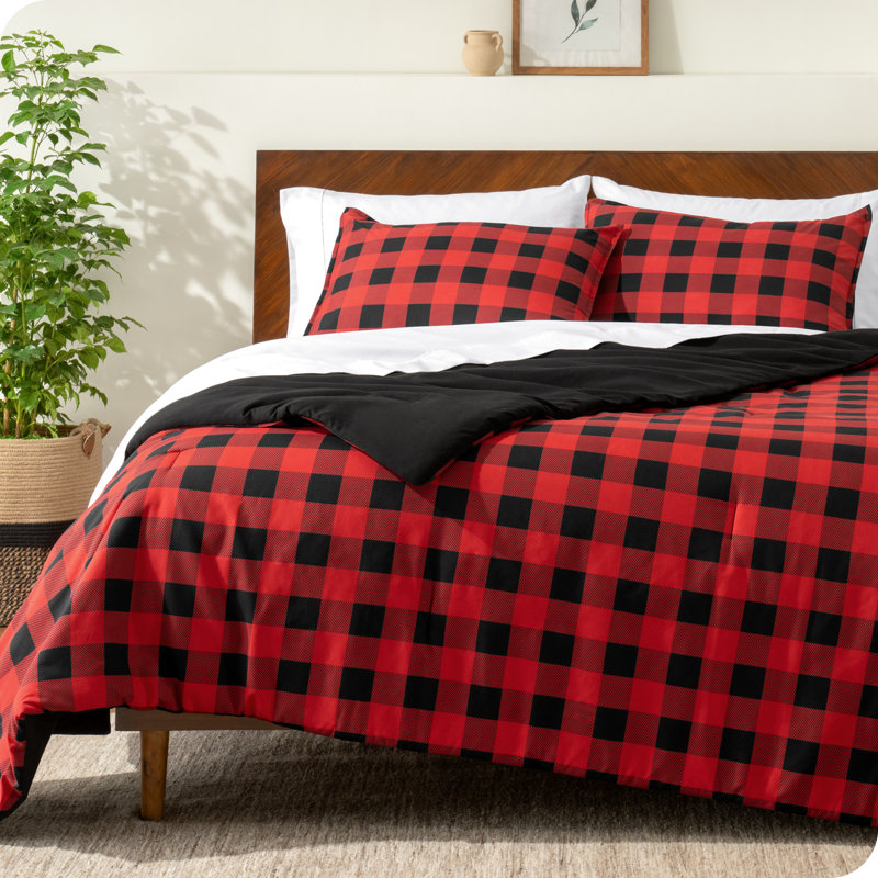 Ensemble d'édredon en duvet synthétique, Édredon pour très grand lit + 2 taies décorativ, Carreauté rouge / noir