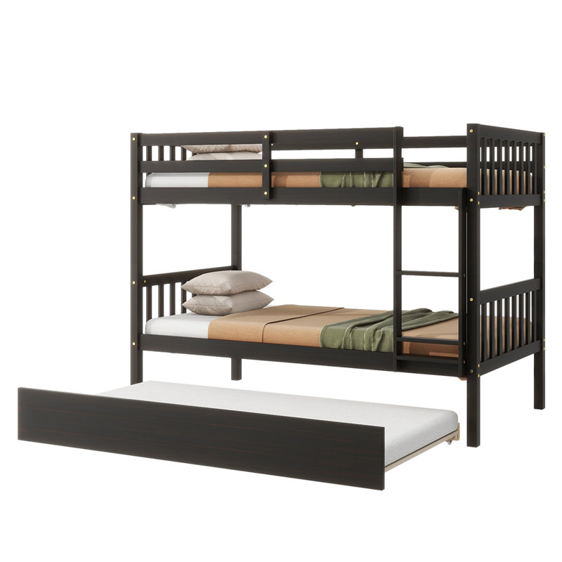 Lit superposé simple au-dessus de simple en bois d'hévéa avec lit gigogne, Espresso
