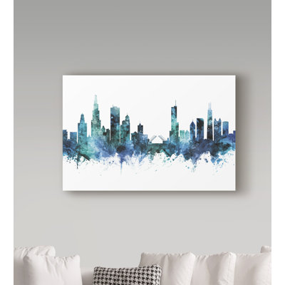Chicago Illinois Blue Teal Skyline by Michael Tompsett - Graphic Art on Canvas