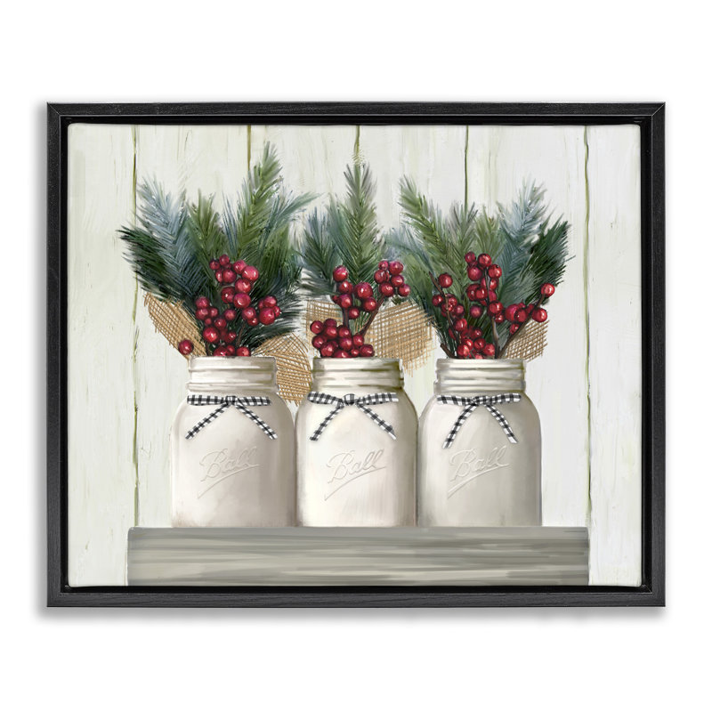 «Christmas Berry Bouquets Grain», art mural sur toile flottante par Ziwei Li, H 17 po x l 21 po, Cadre flottant noir de jais