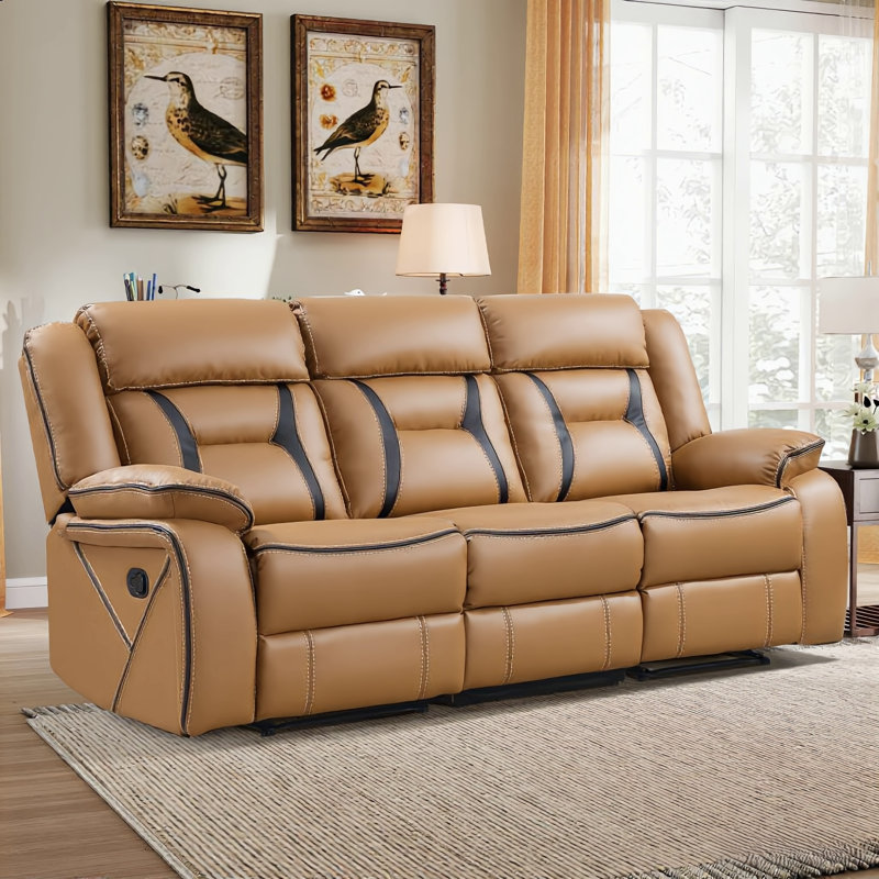Etherine 84.6" W Vegan Leather Manual Reclining Sofa with Pillow Top Arms, Brown