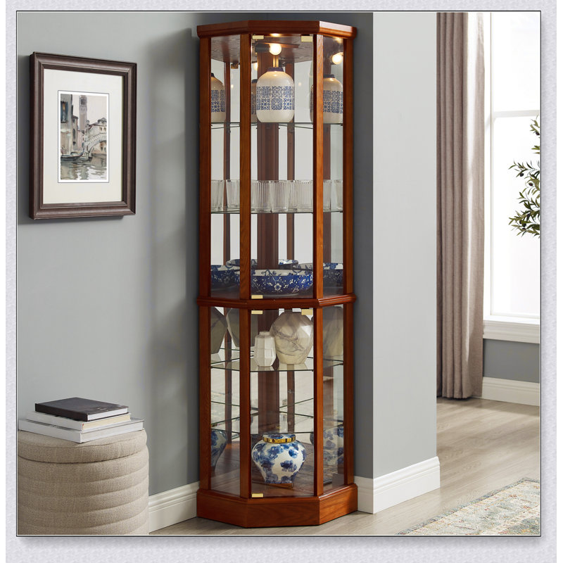 Vitrine de coin éclairée à 6 tablettes avec tablettes réglables en verre trempé et miroir arrière (ampoule E26 non incluse) 