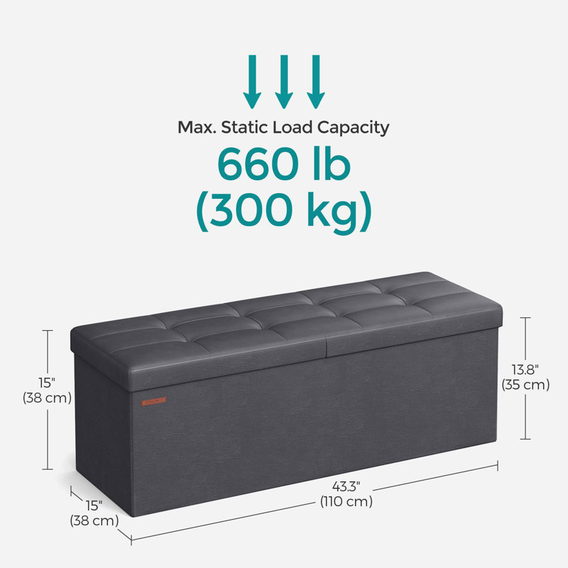 Folding Storage Ottoman, Dark Gray, 15"H x 43.3"W x 15"D