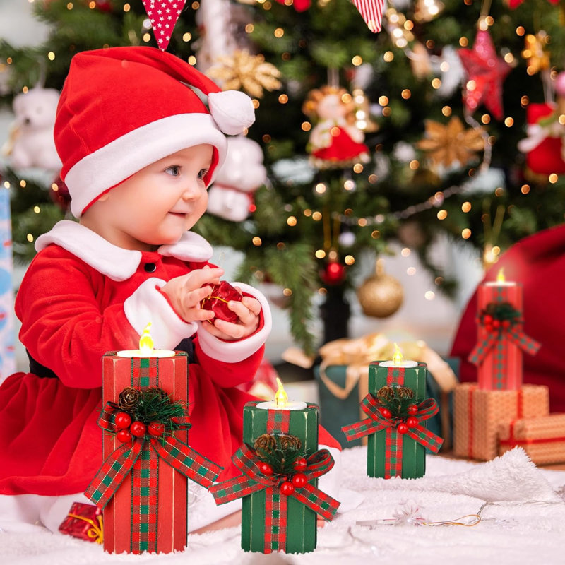Ensemble de 4 porte-bougies chauffe-plat de Noël avec bougies chauffe-plat à DEL en bois décorations bougeoir bougie rouge pour enfants