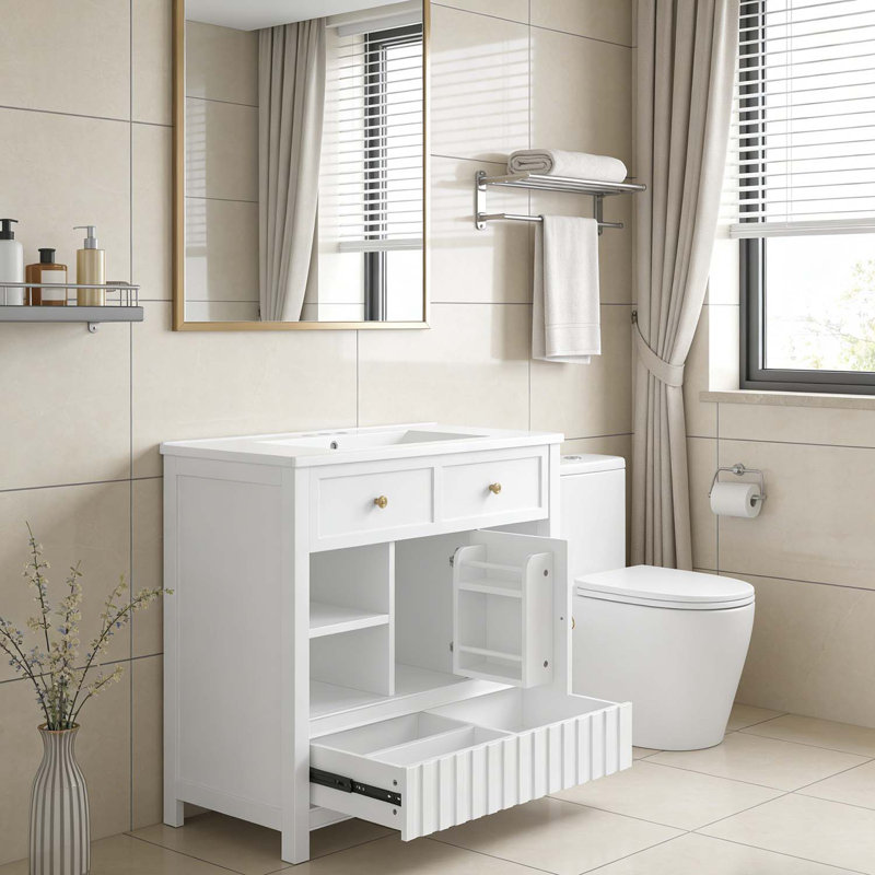 Meuble-lavabo moderne avec lavabo, armoire de rangement multifonctionnelle et tiroirs, Blanc