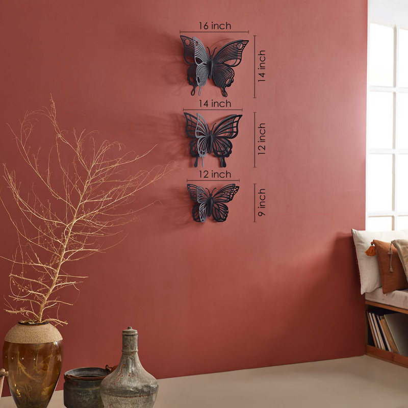 Ensemble de 3 décorations murales papillons en métal 3D - 3 pièces, Noir