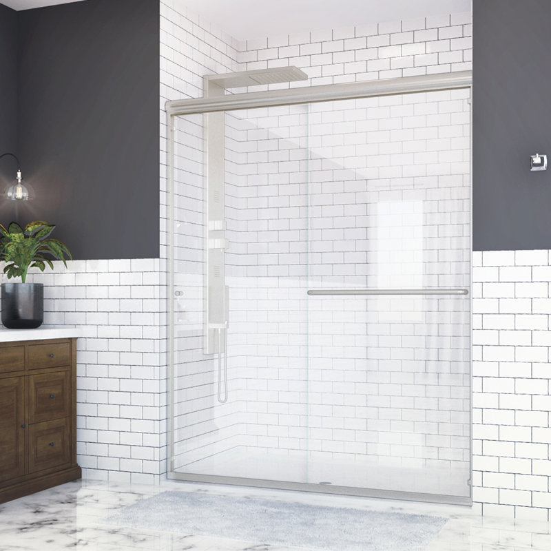 Distinctive porte de douche coulissante demi-cadre en nickel brossé de l 60 po x H 70,5 po en nickel brossé avec verre transparent de 1/4 po