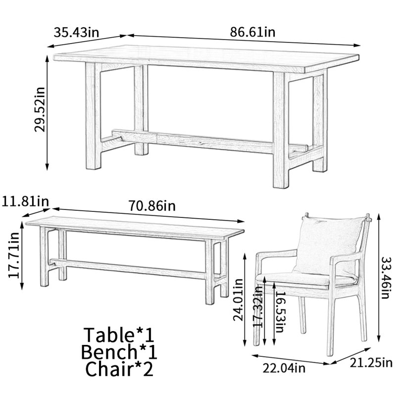 Table de salle à manger simple et durable en bois de cerisier épais, H 29,52 po x L 86,61 po x l 35,43 po