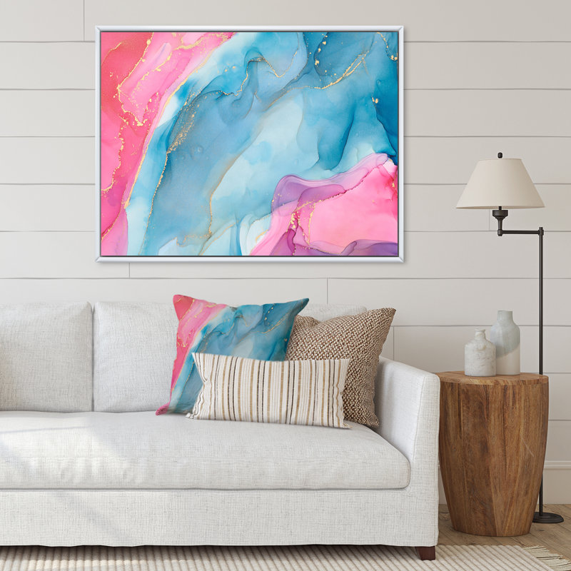 «Blue and Pink Luxury Abstract Fluid Art I», reproduction d'art sur toile moderne, H 12 po x l 20 po, Cadre flottant blanc