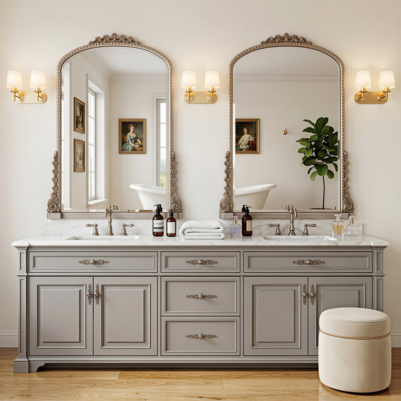 Miroir de salle de bain rétro gravé, miroir mural arqué, 25"×38", Argent