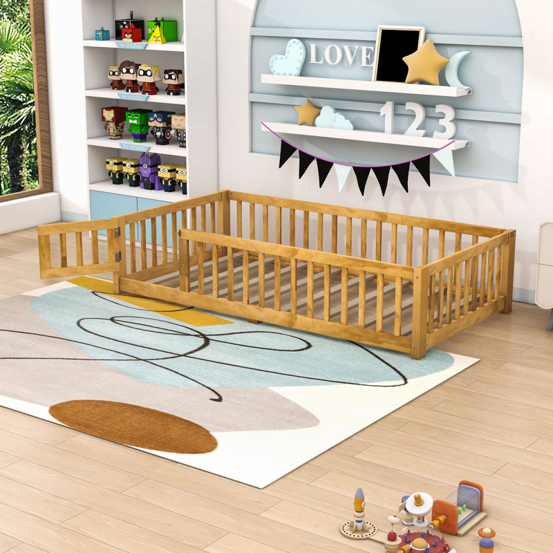 Floor Bed With Safety Guardrails And Door, Natural, Twin