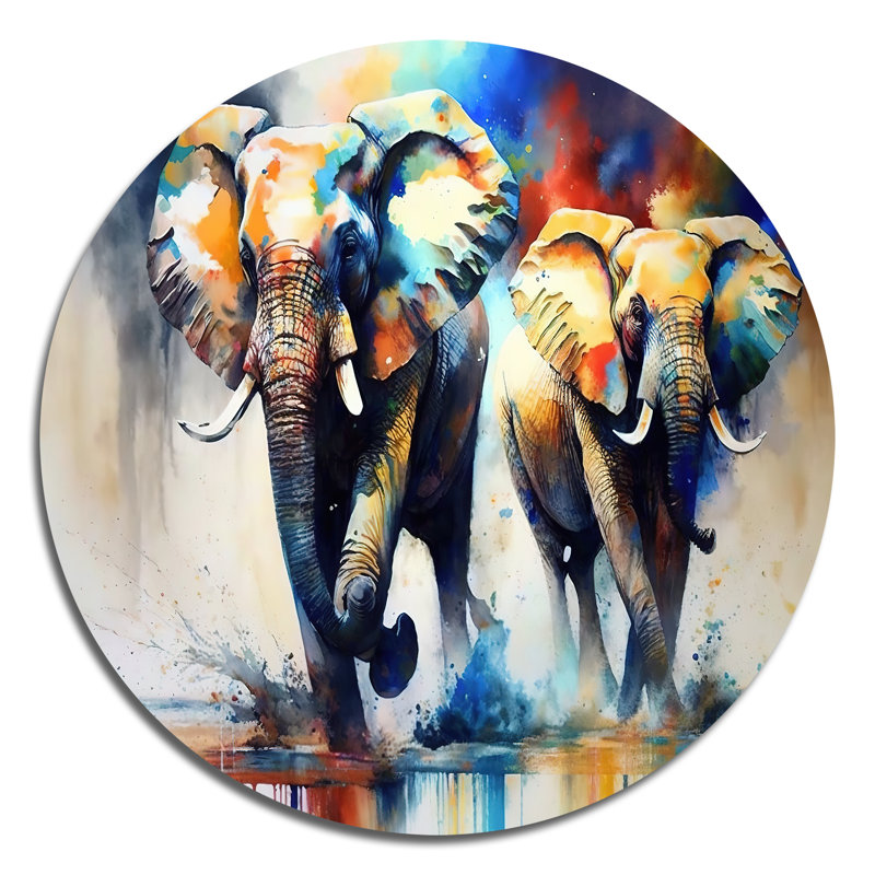 Éléphants qui courent I - animaux, art en métal rond, H 36 po x l 36 po