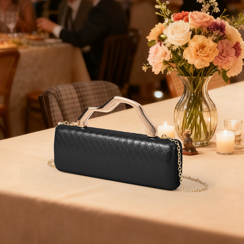 Élégant sac à main en cuir PU tissé, sac à main à motif géométrique, Noir