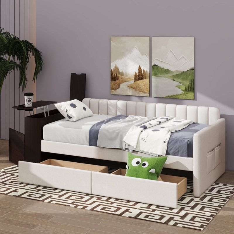 Lit de jour simple rembourré avec accoudoirs de rangement et 2 tiroirs, Beige