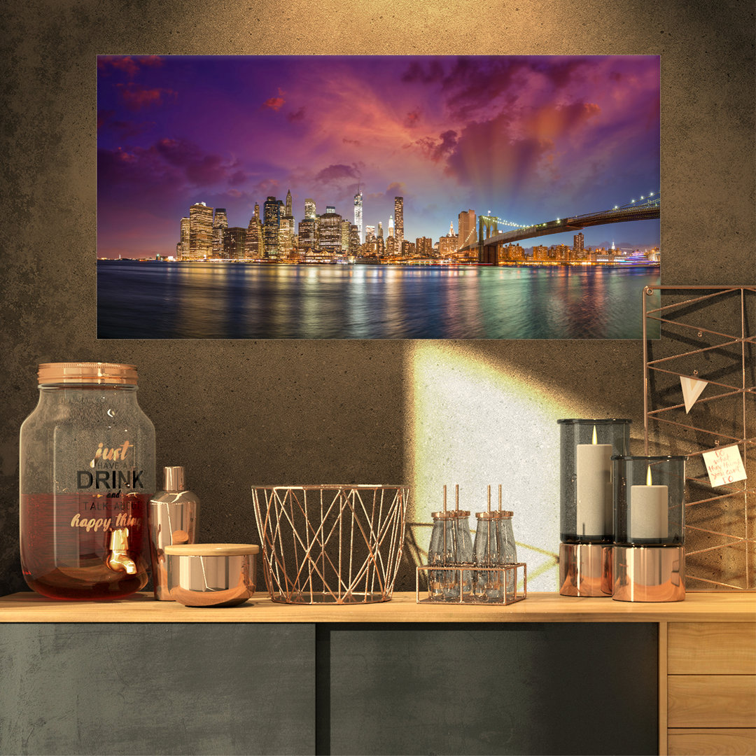 New York Manhattan Skyline with Clouds Cityscape - Wrapped Canvas Photograph Print Design Art 