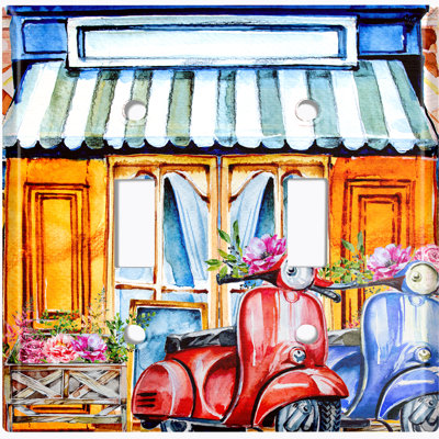 Metal Light Switch Plate Outlet Cover (Coffee Shop Bakery Cafe Front Moped Couple Flowers - Double Toggle)