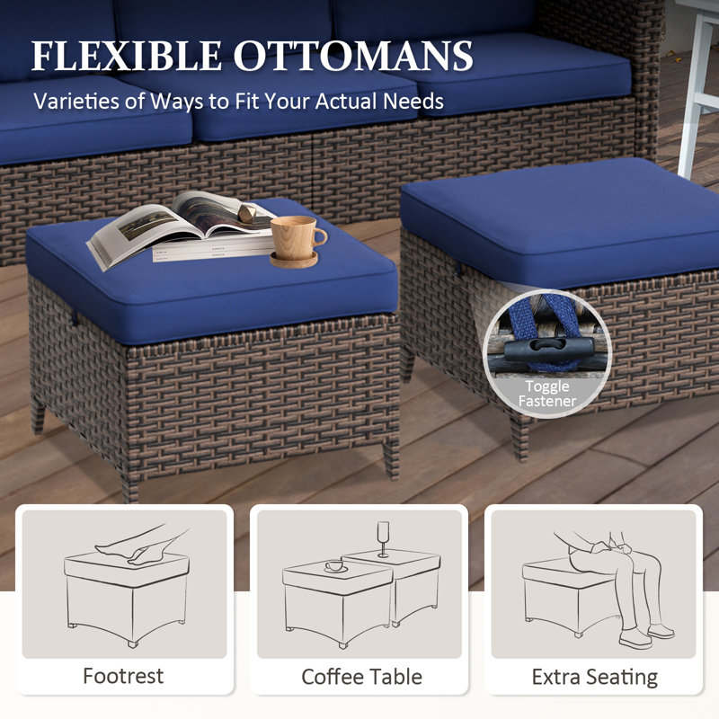 4-Piece Brown Wicker Patio Set with Blue Cushions and Ottomans