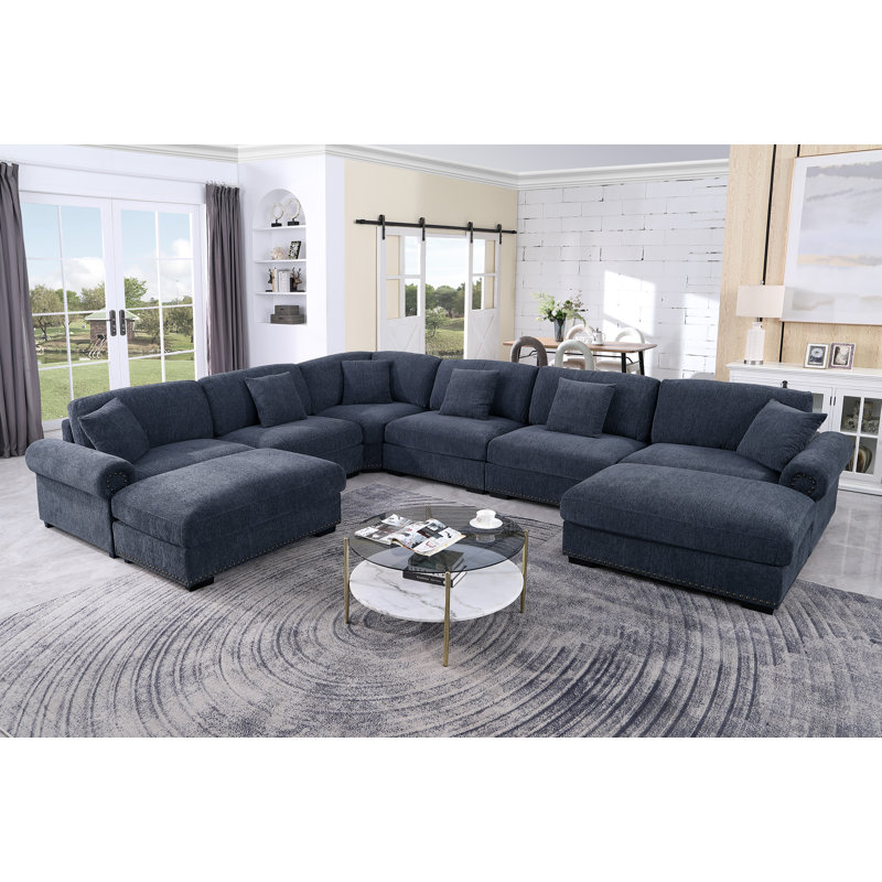 Oversized Corner Sectional Sofa With Reversible Chaises 8 Seat Chenille Cloud Sectional Couches, Dark Blue Chenille