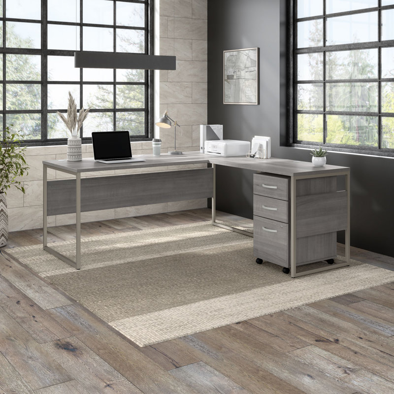 Jovonne L-Shaped Computer Desk Office Set in Platinum Gray - Reversible, Platinum Gray