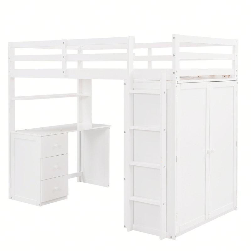 Lit mezzanine avec tiroirs, bureau et garde-robe, Blanc