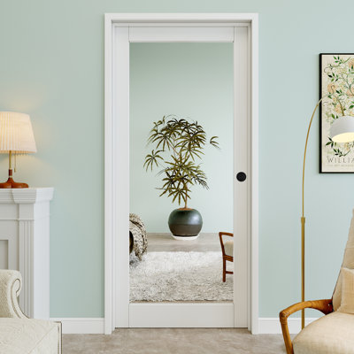 32" x 96" 1-Lite Mirror Interior Prehung Door with Round Knob and Silver Hinges, One Side Mirror, Paintable & Waterproof, Suit for Laundry, Closet Doors, Room Doors, Left Hand