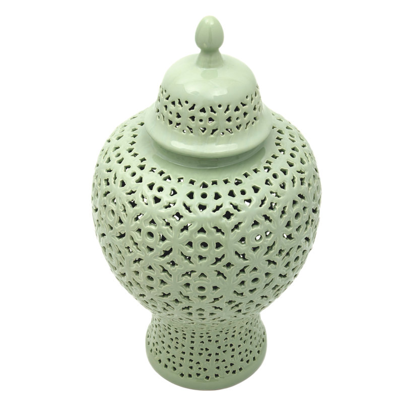 25" Carved Temple Jar - Celadon, Green