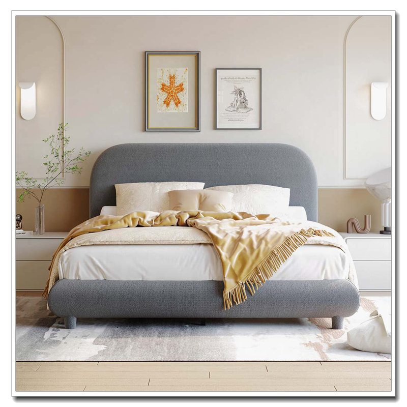 Lit plateforme tapissier Teddy, Gris, Lit double