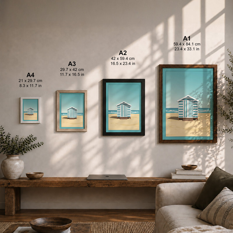 Striped Beach Hut Coastal - Framed Print, Walnut, A3 - 42.0 x 29.7 cm