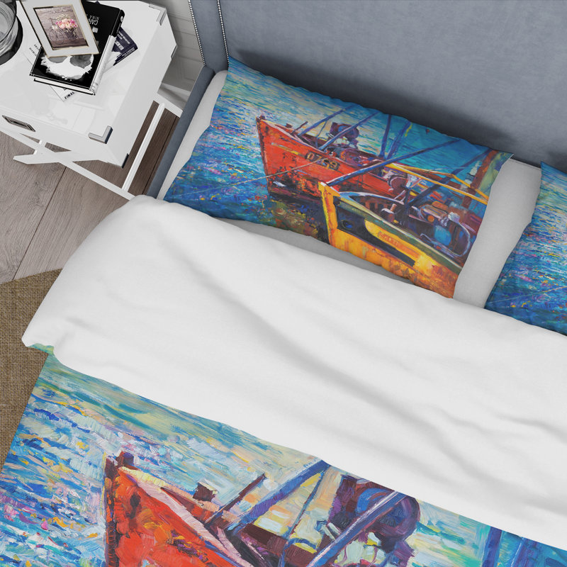 Bateaux qui se reposent sur l'eau pendant le coucher du soleil chaud - Ensemble de housse de couette nautique - Polyester en microfibre