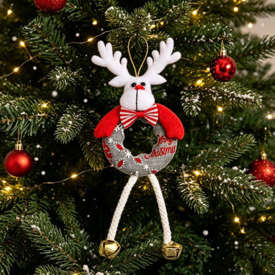 Reindeer Christmas Tree Hanging Decor, Hollow Long Leg Pendant with Metal Bells, Xmas Wreath Accessory