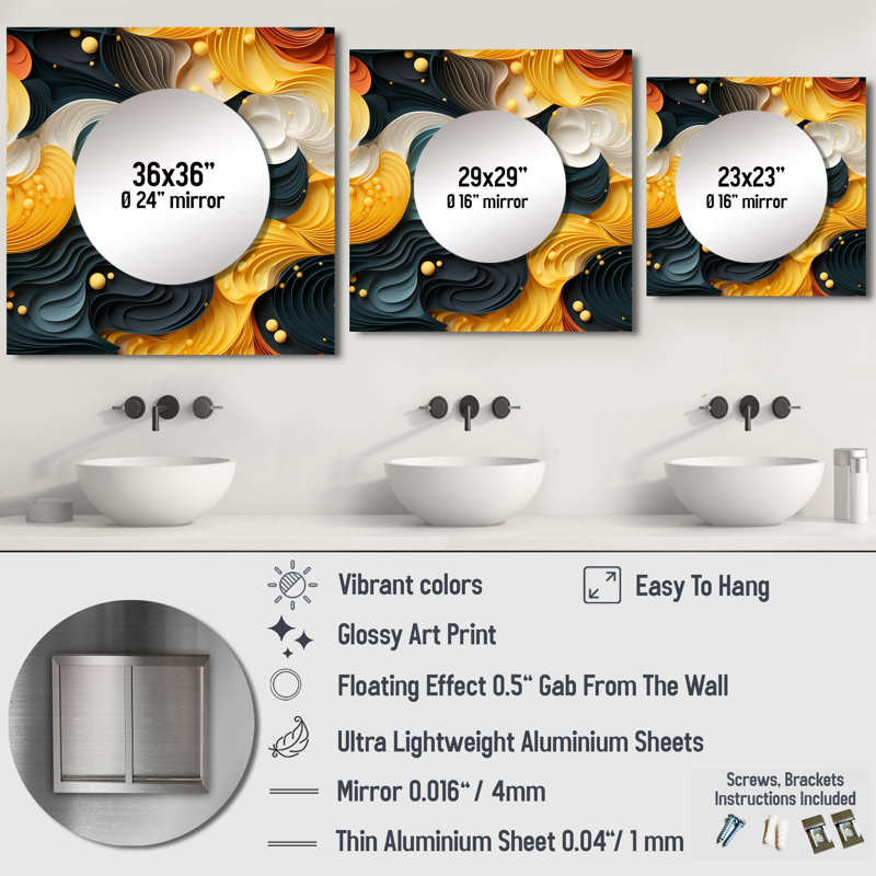 Jaune et noir Midcentury Waves Fusion - art mural moderne miroir carré pour salle de bain, 29 po x 29 po