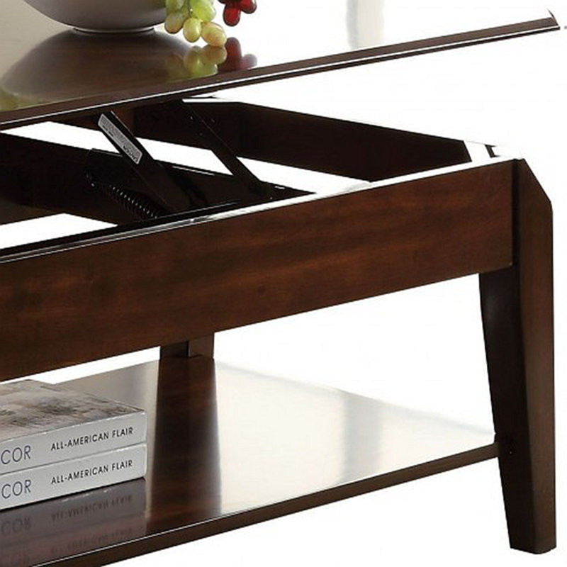 Table basse Jessyka avec plateau relevable et tablette ouverte, structure en bois