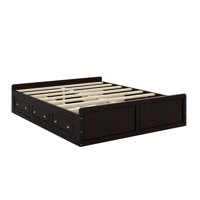 Structure de lit plateforme grand avec 6 tiroirs, Espresso