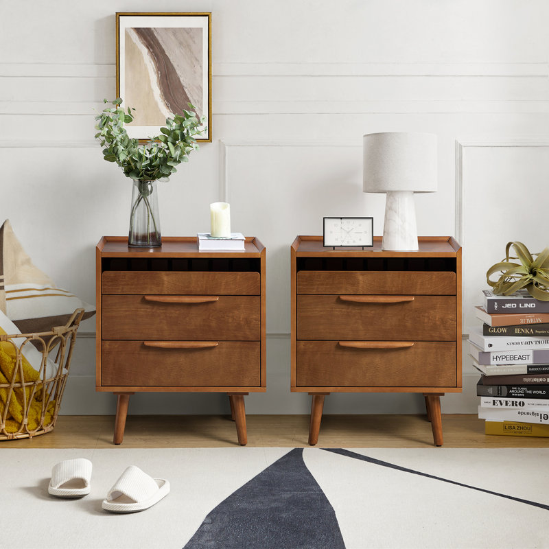 Sebrina Mid-century Modern 24''W 3-Drawer End Table with Charging Station and Solid Wood Legs, Acorn