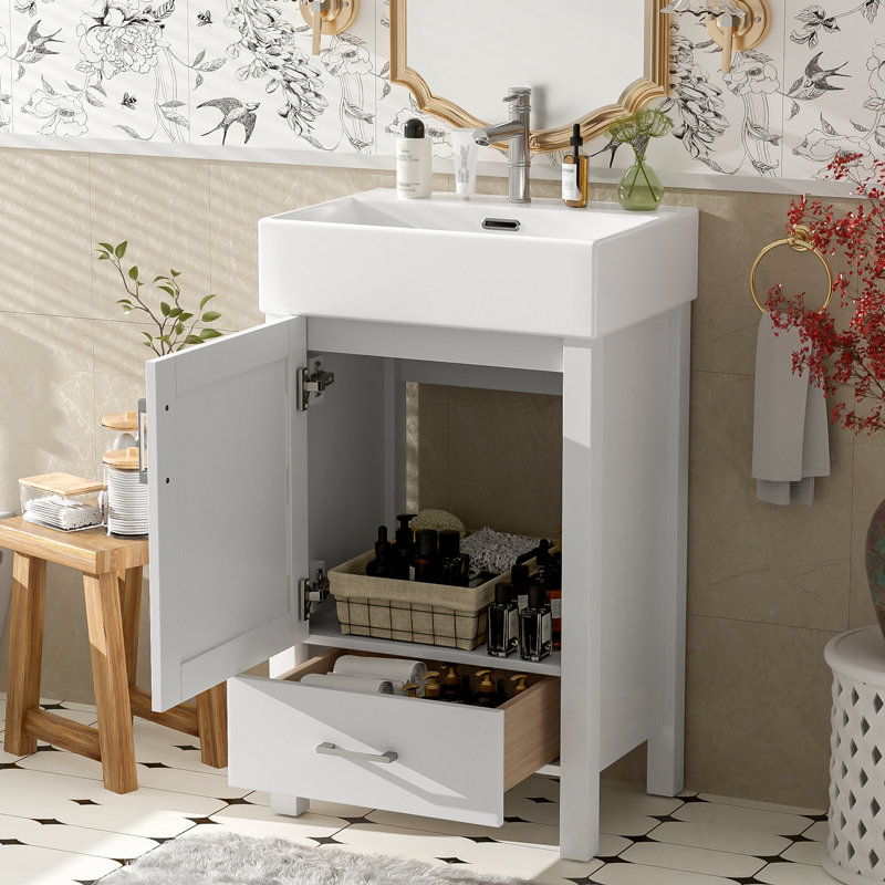 Meuble-lavabo avec lavabo, 1 tiroir et 1 porte, Blanc