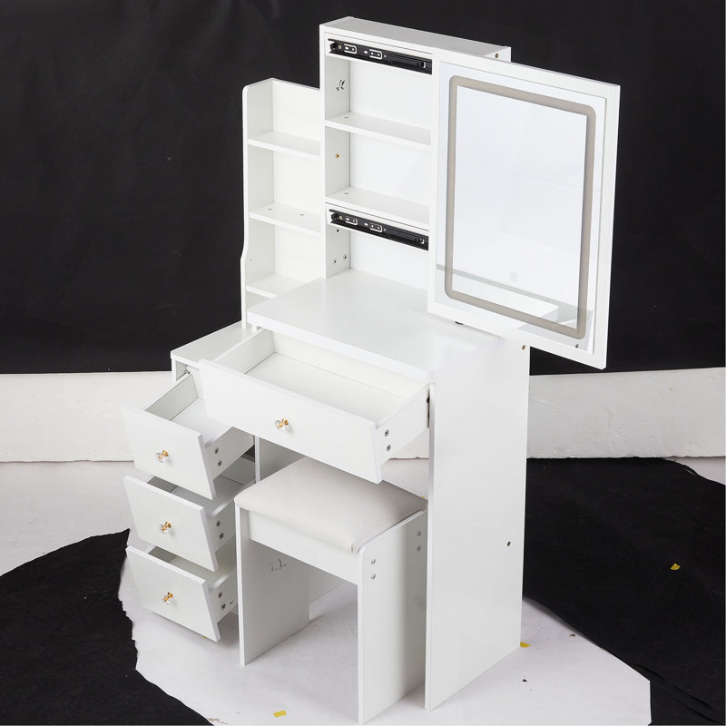 Petite coiffeuse de 29,2 po avec tabouret de chevet gauche + grand tabouret rembourré, commande tactile, interrupteur tricolore, miroir à luminosité réglable, rangement à grande capacité, convient aux petits espaces