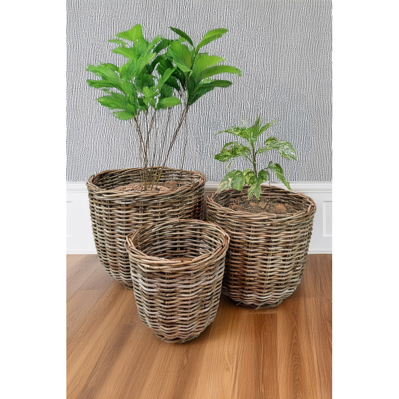 Set Of 3 Grey Round Rattan Baskets